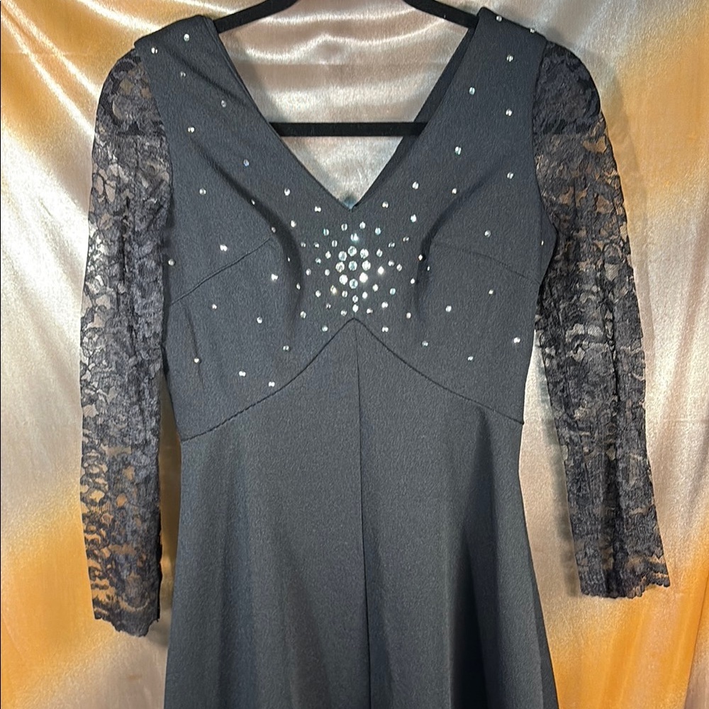 Vintage double knit maxi Black Lace Sleeve Dress with sparkly bits H1